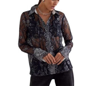 Anthropologie Maeve Grey Silver Lace Floral Blouse Shirt Sz S Whimsigoth grunge